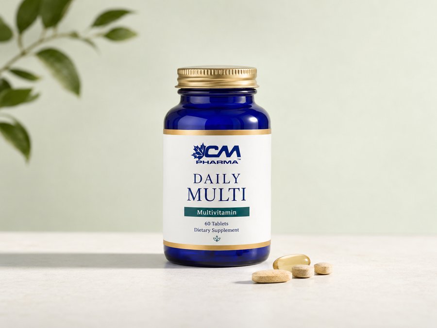 Çava Pharma Daily Multi multivitamin bottle with tablets and a softgel, representing daily vitamins and mineral products