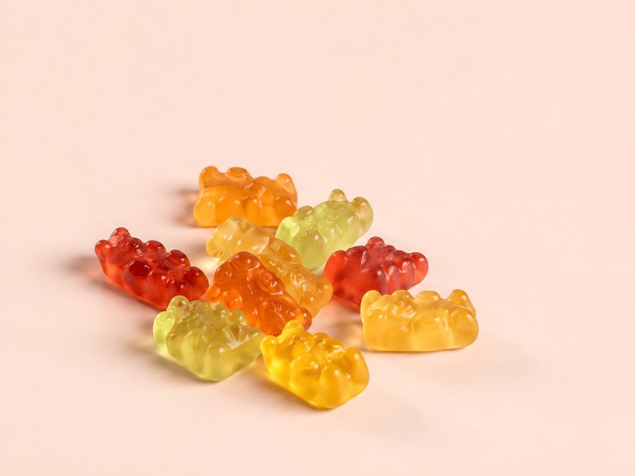 Assorted gummy bears grouped on a soft pastel surface, representing Çava Pharma gummy and chewable supplement formats