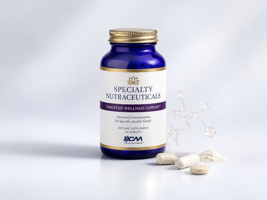 Çava Pharma specialty nutraceutical supplement bottle with capsules and powder, representing targeted wellness formulations